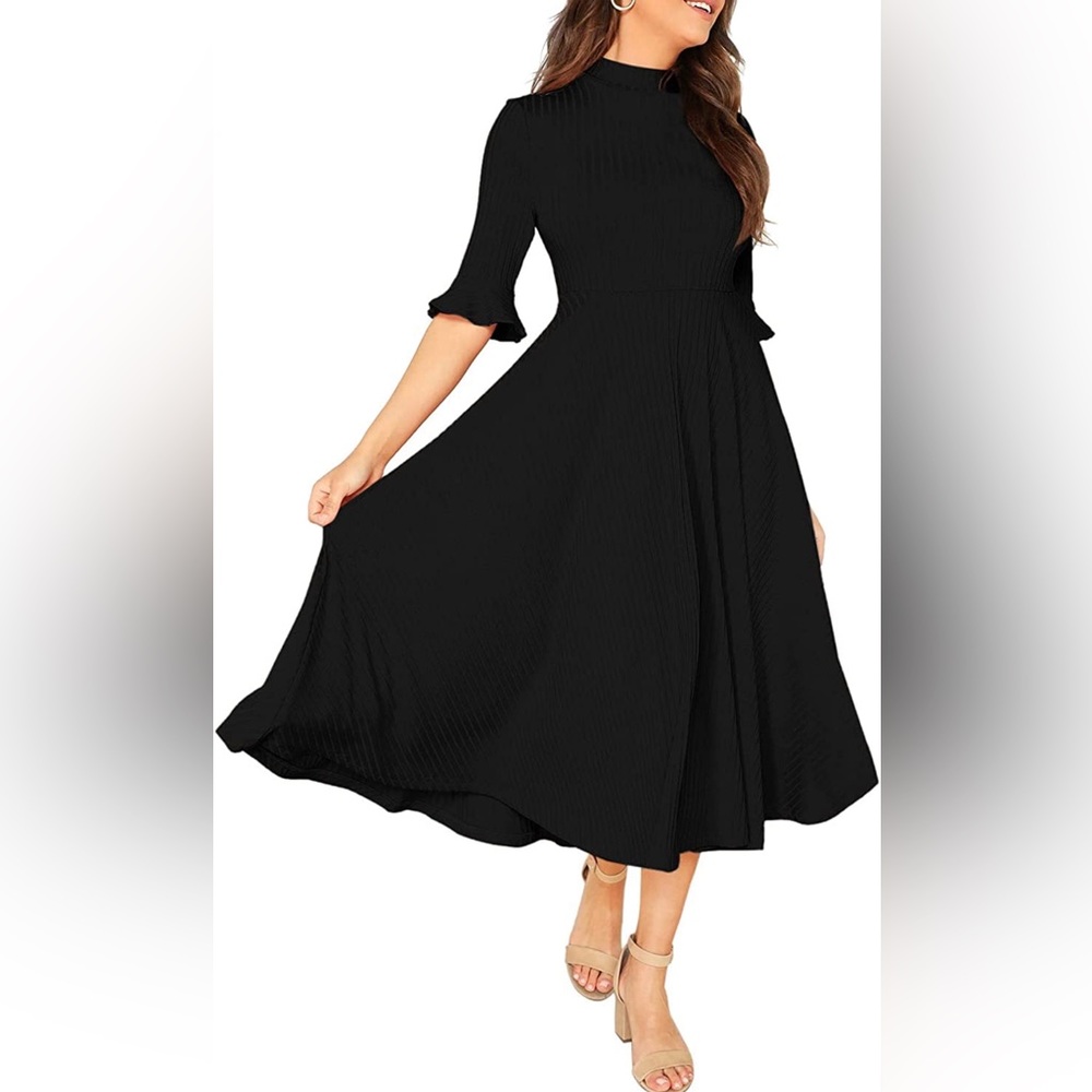 Verdusa Women's Elegant Ribbed Knit Bell Sleeve Fit and Flare Midi Dress Size M